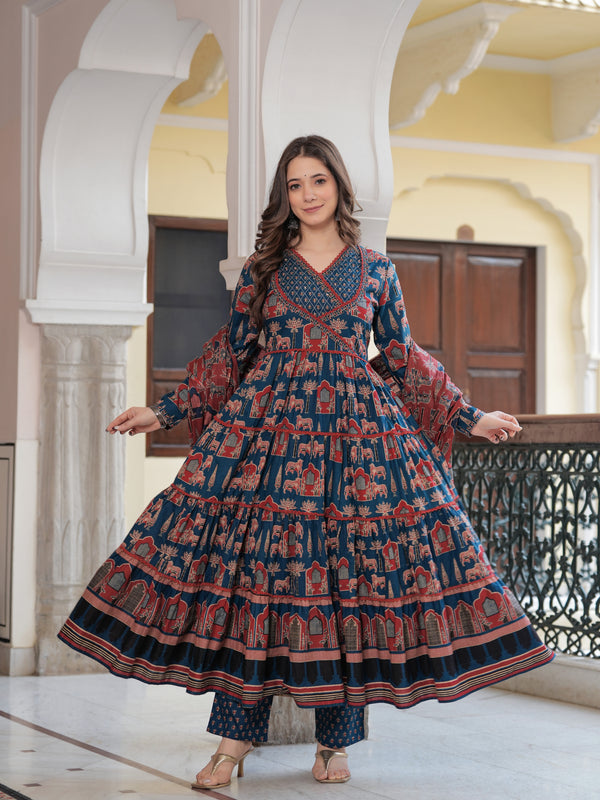 Blue Cotton Printed V-Neck Full Sleeves Calf Length Flared Kurta Pant & Dupatta Set For Women Mizaz Jaipur