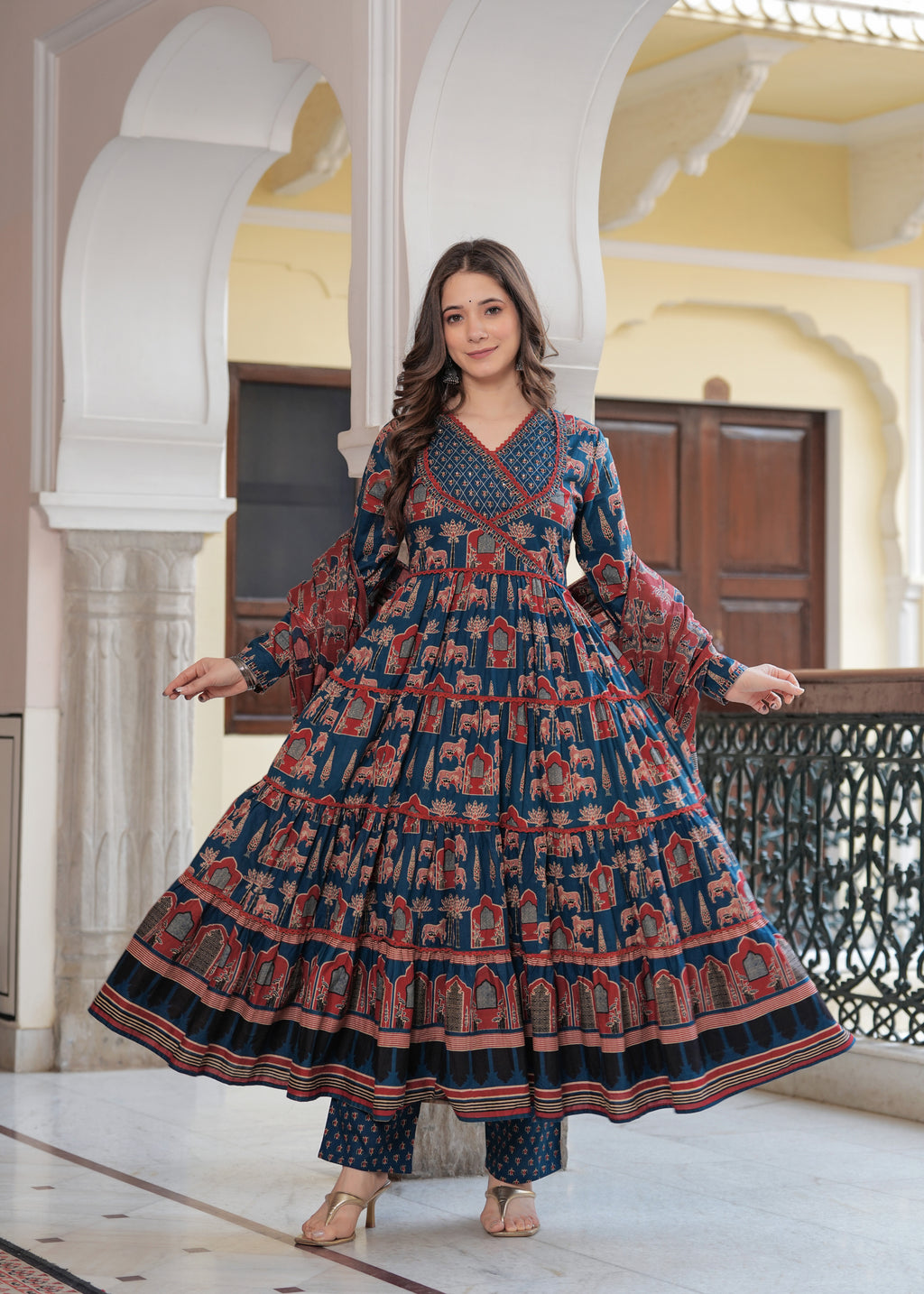 Blue Cotton Printed V-Neck Full Sleeves Calf Length Flared Kurta Pant & Dupatta Set For Women Mizaz Jaipur