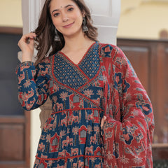 Blue Cotton Printed V-Neck Full Sleeves Calf Length Flared Kurta Pant & Dupatta Set For Women Mizaz Jaipur