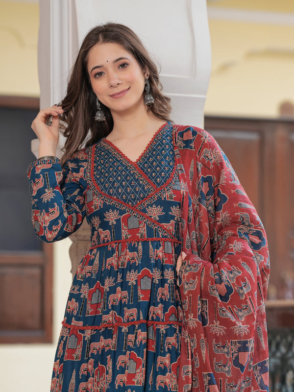Blue Cotton Printed V-Neck Full Sleeves Calf Length Flared Kurta Pant & Dupatta Set For Women Mizaz Jaipur