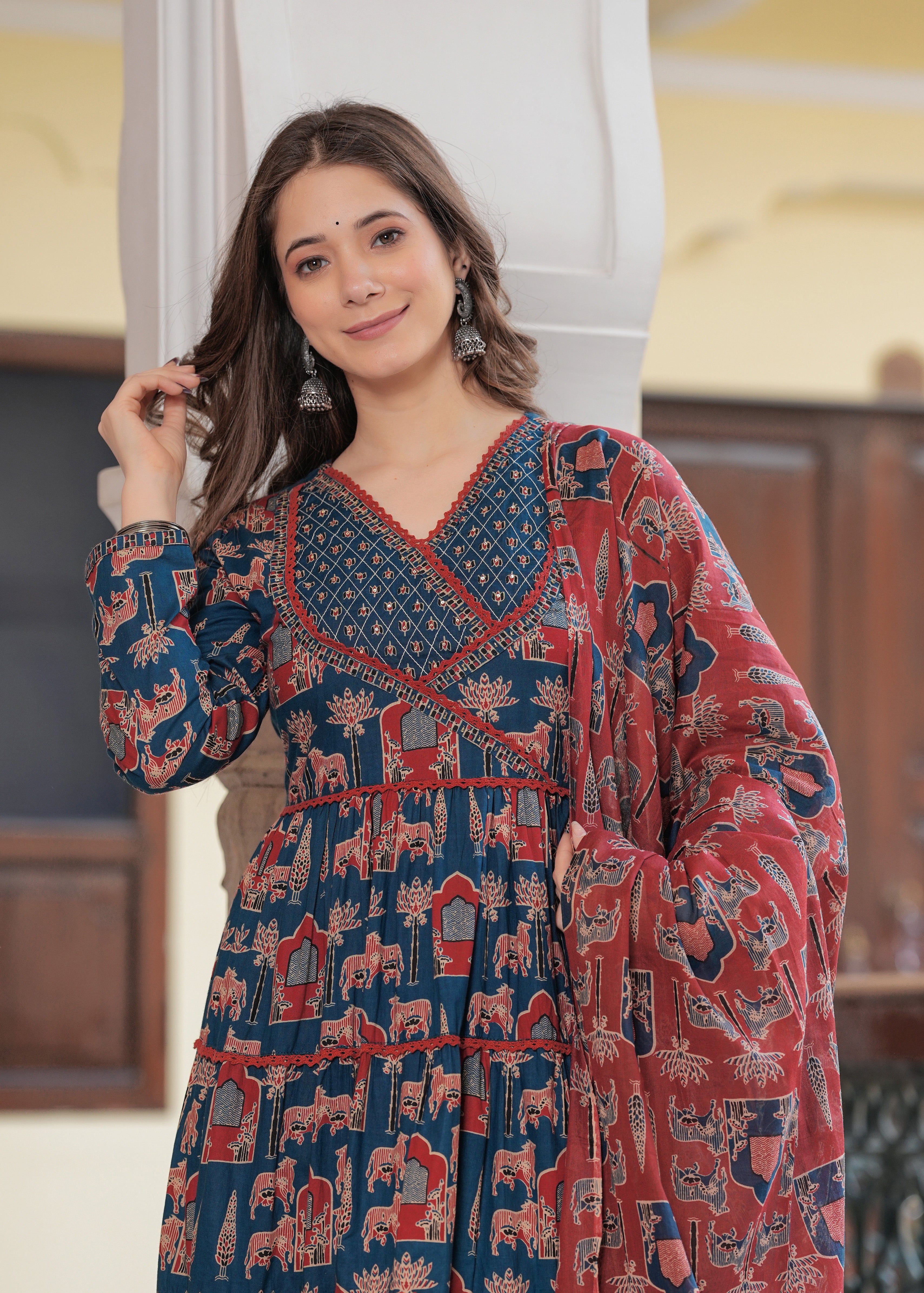 Blue Cotton Printed V-Neck Full Sleeves Calf Length Flared Kurta Pant & Dupatta Set For Women Mizaz Jaipur