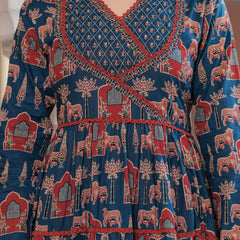 Blue Cotton Printed V-Neck Full Sleeves Calf Length Flared Kurta Pant & Dupatta Set For Women Mizaz Jaipur