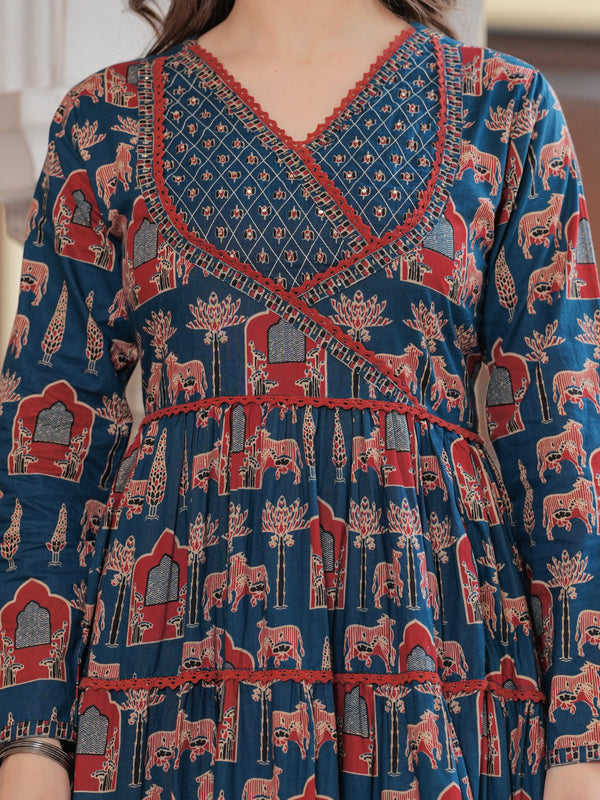 Blue Cotton Printed V-Neck Full Sleeves Calf Length Flared Kurta Pant & Dupatta Set For Women Mizaz Jaipur