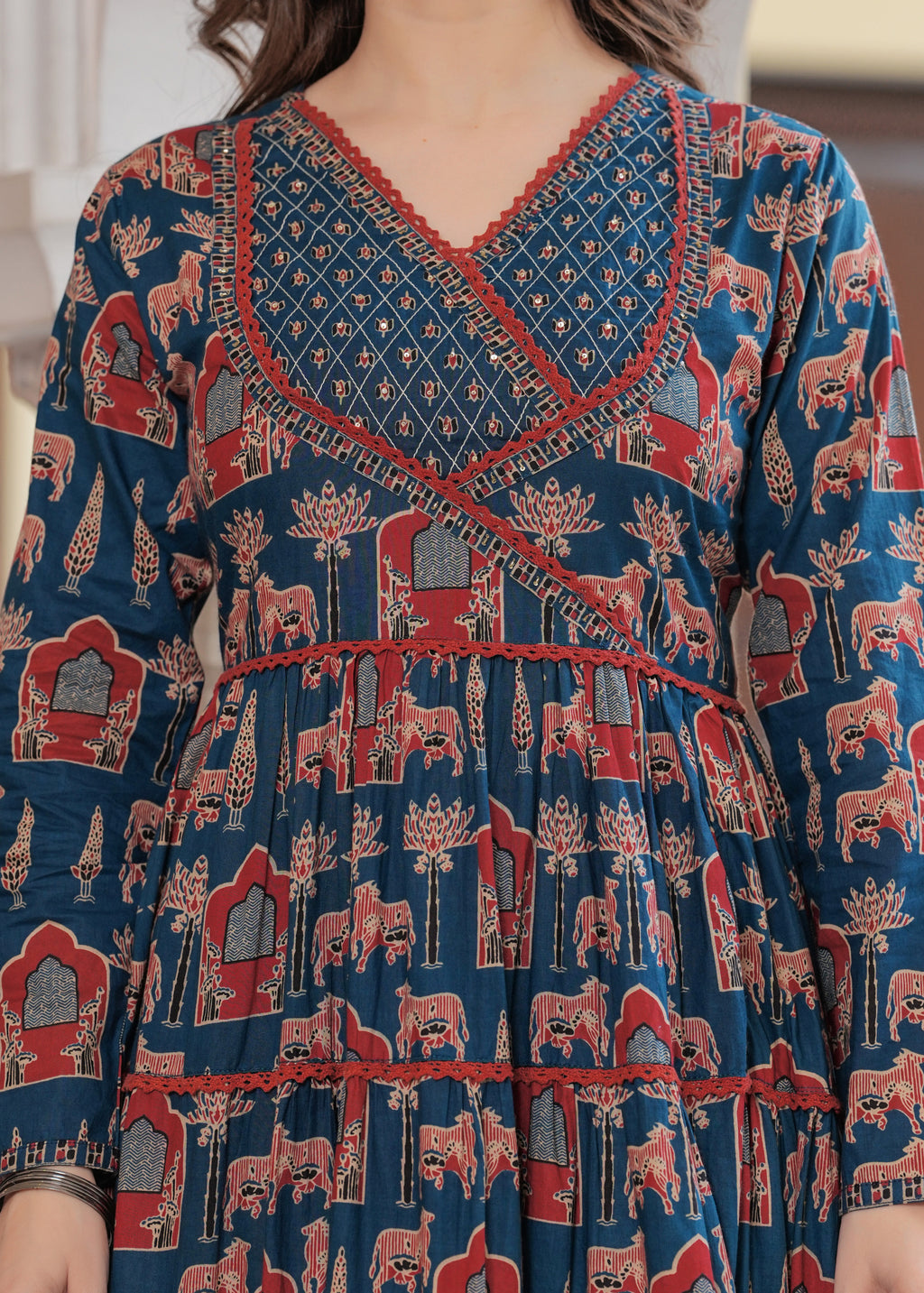 Blue Cotton Printed V-Neck Full Sleeves Calf Length Flared Kurta Pant & Dupatta Set For Women Mizaz Jaipur