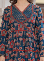 Blue Cotton Printed V-Neck Full Sleeves Calf Length Flared Kurta Pant & Dupatta Set For Women Mizaz Jaipur