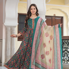 Green Pure Cotton Printed Round Neck Calf Length Anarkali Kurta, Pant & Dupatta Set Mizaz Jaipur