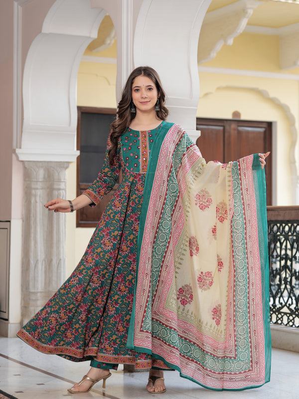 Green Pure Cotton Printed Round Neck Calf Length Anarkali Kurta, Pant & Dupatta Set Mizaz Jaipur