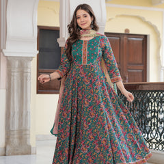 Green Pure Cotton Printed Round Neck Calf Length Anarkali Kurta, Pant & Dupatta Set Mizaz Jaipur