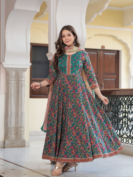Green Pure Cotton Printed Round Neck Calf Length Anarkali Kurta, Pant & Dupatta Set Mizaz Jaipur
