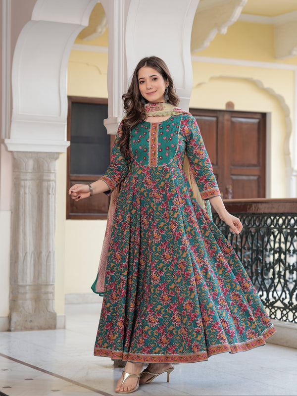 Green Pure Cotton Printed Round Neck Calf Length Anarkali Kurta, Pant & Dupatta Set Mizaz Jaipur