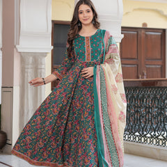 Green Pure Cotton Printed Round Neck Calf Length Anarkali Kurta, Pant & Dupatta Set Mizaz Jaipur