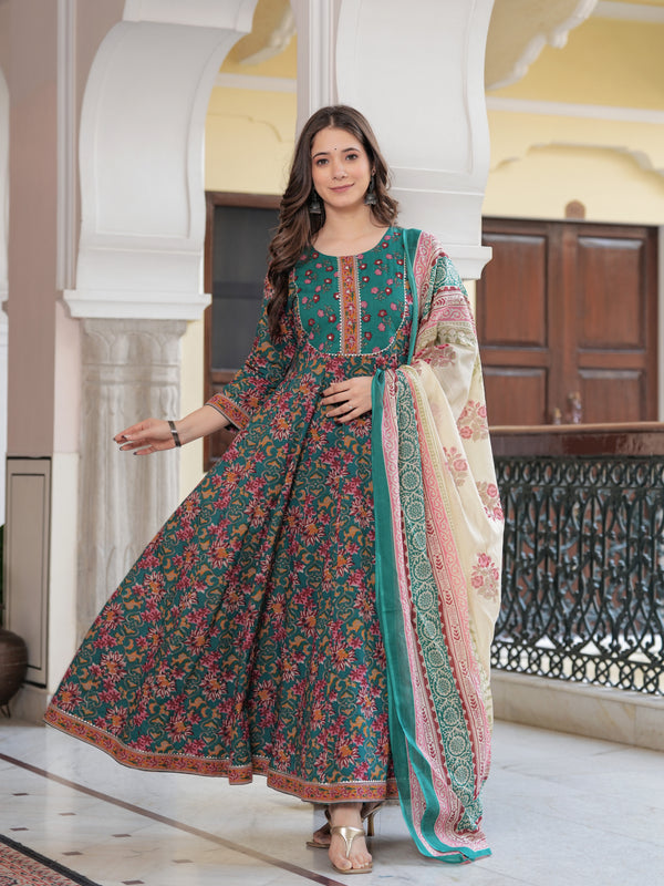 Green Pure Cotton Printed Round Neck Calf Length Anarkali Kurta, Pant & Dupatta Set Mizaz Jaipur