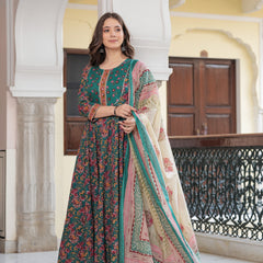 Green Pure Cotton Printed Round Neck Calf Length Anarkali Kurta, Pant & Dupatta Set Mizaz Jaipur