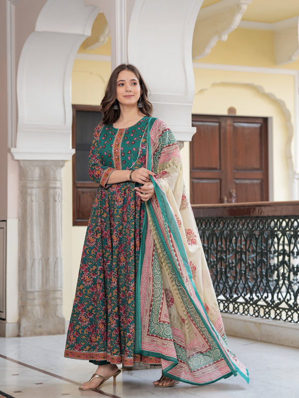 Green Pure Cotton Printed Round Neck Calf Length Anarkali Kurta, Pant & Dupatta Set Mizaz Jaipur