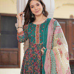 Green Pure Cotton Printed Round Neck Calf Length Anarkali Kurta, Pant & Dupatta Set Mizaz Jaipur