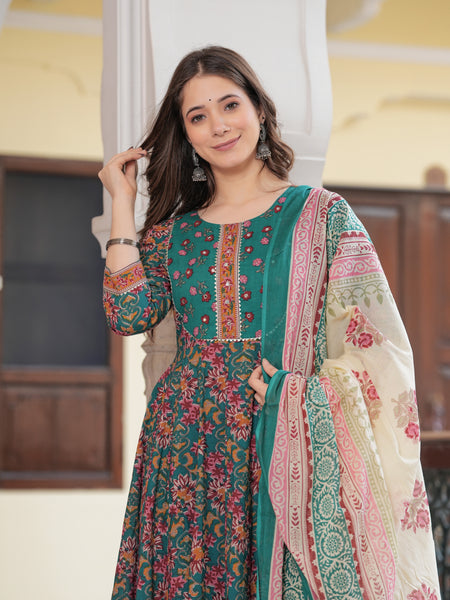 Green Pure Cotton Printed Round Neck Calf Length Anarkali Kurta, Pant & Dupatta Set Mizaz Jaipur