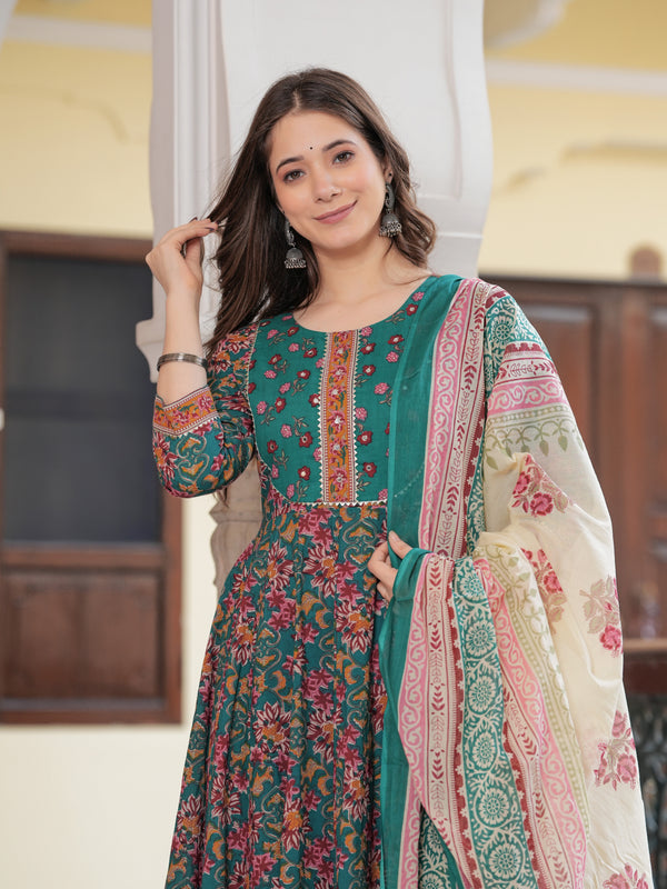 Green Pure Cotton Printed Round Neck Calf Length Anarkali Kurta, Pant & Dupatta Set Mizaz Jaipur