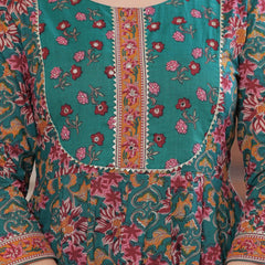 Green Pure Cotton Printed Round Neck Calf Length Anarkali Kurta, Pant & Dupatta Set Mizaz Jaipur