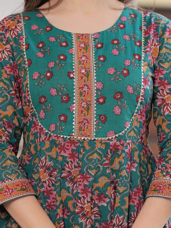 Green Pure Cotton Printed Round Neck Calf Length Anarkali Kurta, Pant & Dupatta Set Mizaz Jaipur