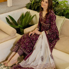 Brown Pure Cotton Printed V-Neck 3/4 Sleeves Calf Length Anarkali Kurta, Pant & Dupatta Set Mizaz Jaipur
