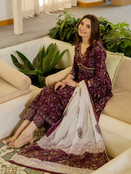 Brown Pure Cotton Printed V-Neck 3/4 Sleeves Calf Length Anarkali Kurta, Pant & Dupatta Set Mizaz Jaipur