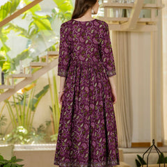 Brown Pure Cotton Printed V-Neck 3/4 Sleeves Calf Length Anarkali Kurta, Pant & Dupatta Set Mizaz Jaipur