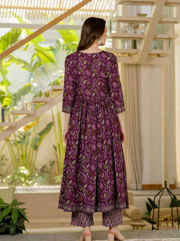 Brown Pure Cotton Printed V-Neck 3/4 Sleeves Calf Length Anarkali Kurta, Pant & Dupatta Set Mizaz Jaipur