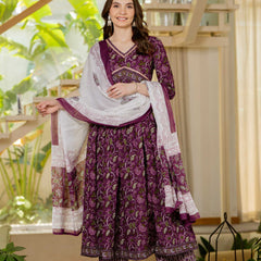 Brown Pure Cotton Printed V-Neck 3/4 Sleeves Calf Length Anarkali Kurta, Pant & Dupatta Set Mizaz Jaipur