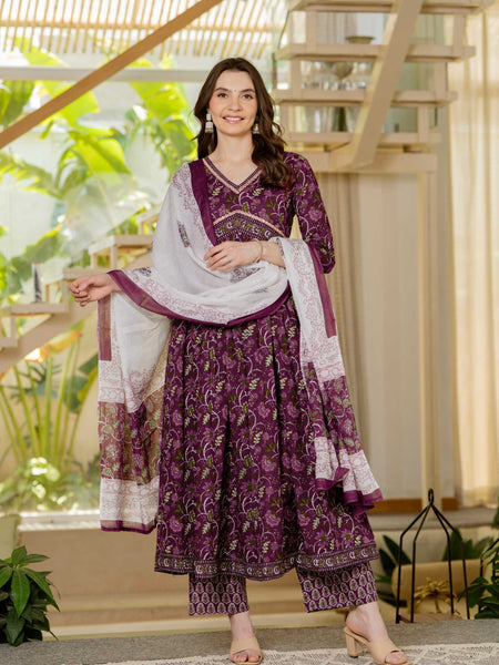 Brown Pure Cotton Printed V-Neck 3/4 Sleeves Calf Length Anarkali Kurta, Pant & Dupatta Set Mizaz Jaipur