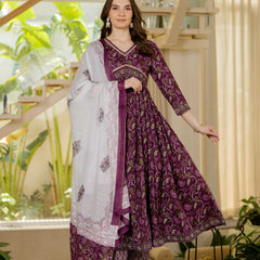 Brown Pure Cotton Printed V-Neck 3/4 Sleeves Calf Length Anarkali Kurta, Pant & Dupatta Set Mizaz Jaipur