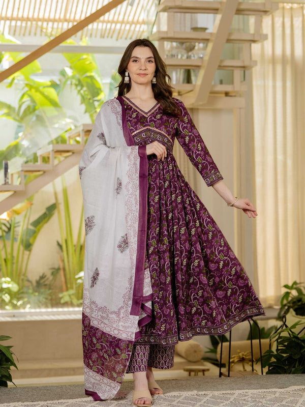Brown Pure Cotton Printed V-Neck 3/4 Sleeves Calf Length Anarkali Kurta, Pant & Dupatta Set Mizaz Jaipur