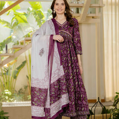Brown Pure Cotton Printed V-Neck 3/4 Sleeves Calf Length Anarkali Kurta, Pant & Dupatta Set Mizaz Jaipur