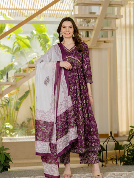 Brown Pure Cotton Printed V-Neck 3/4 Sleeves Calf Length Anarkali Kurta, Pant & Dupatta Set Mizaz Jaipur