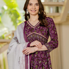 Brown Pure Cotton Printed V-Neck 3/4 Sleeves Calf Length Anarkali Kurta, Pant & Dupatta Set Mizaz Jaipur