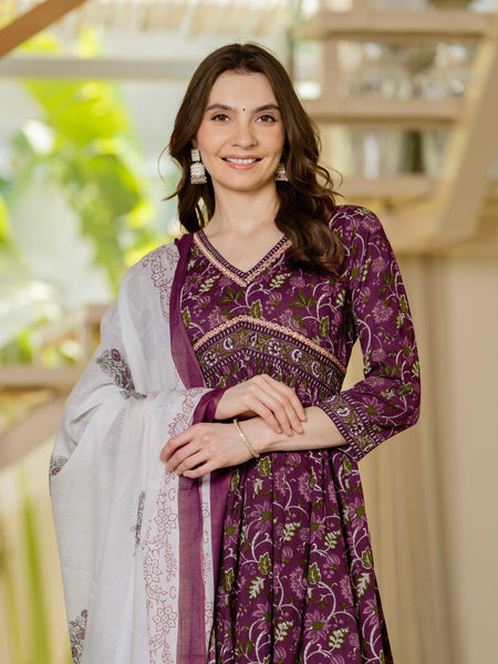 Brown Pure Cotton Printed V-Neck 3/4 Sleeves Calf Length Anarkali Kurta, Pant & Dupatta Set Mizaz Jaipur