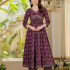 Brown Pure Cotton Printed V-Neck 3/4 Sleeves Calf Length Anarkali Kurta, Pant & Dupatta Set Mizaz Jaipur