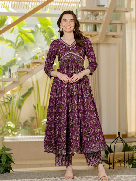 Brown Pure Cotton Printed V-Neck 3/4 Sleeves Calf Length Anarkali Kurta, Pant & Dupatta Set Mizaz Jaipur