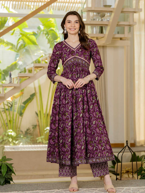 Brown Pure Cotton Printed V-Neck 3/4 Sleeves Calf Length Anarkali Kurta, Pant & Dupatta Set Mizaz Jaipur