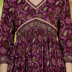 Brown Pure Cotton Printed V-Neck 3/4 Sleeves Calf Length Anarkali Kurta, Pant & Dupatta Set Mizaz Jaipur