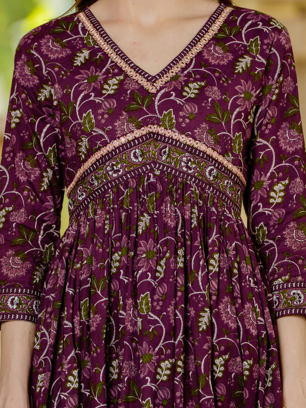 Brown Pure Cotton Printed V-Neck 3/4 Sleeves Calf Length Anarkali Kurta, Pant & Dupatta Set Mizaz Jaipur