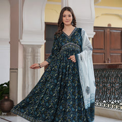 Navy Blue Cotton Printed V-Neck 3/4 Sleeves Calf Length Flared Kurta Pant & Dupatta Set For Women Mizaz Jaipur