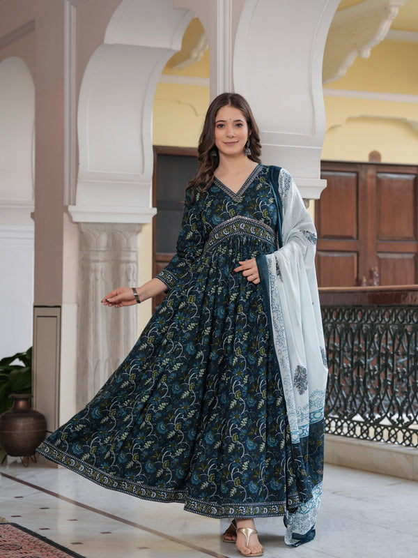 Navy Blue Cotton Printed V-Neck 3/4 Sleeves Calf Length Flared Kurta Pant & Dupatta Set For Women Mizaz Jaipur
