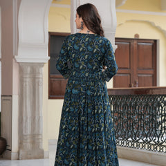 Navy Blue Cotton Printed V-Neck 3/4 Sleeves Calf Length Flared Kurta Pant & Dupatta Set For Women Mizaz Jaipur