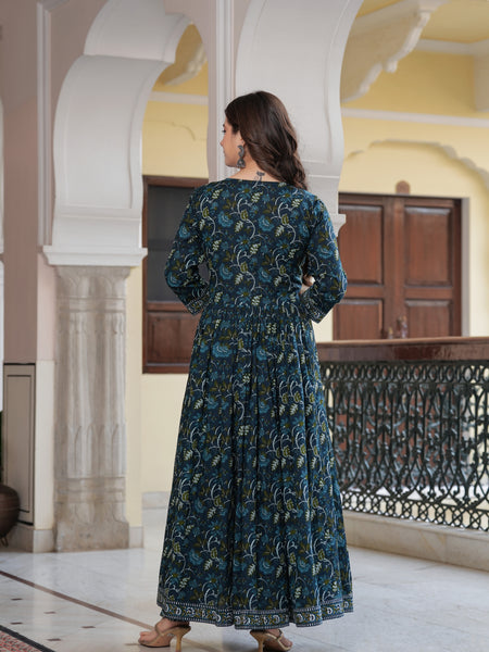 Navy Blue Cotton Printed V-Neck 3/4 Sleeves Calf Length Flared Kurta Pant & Dupatta Set For Women Mizaz Jaipur