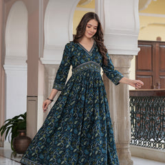 Navy Blue Cotton Printed V-Neck 3/4 Sleeves Calf Length Flared Kurta Pant & Dupatta Set For Women Mizaz Jaipur