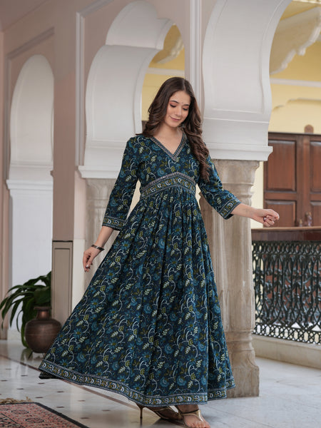 Navy Blue Cotton Printed V-Neck 3/4 Sleeves Calf Length Flared Kurta Pant & Dupatta Set For Women Mizaz Jaipur
