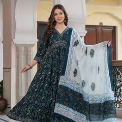 Navy Blue Cotton Printed V-Neck 3/4 Sleeves Calf Length Flared Kurta Pant & Dupatta Set For Women Mizaz Jaipur