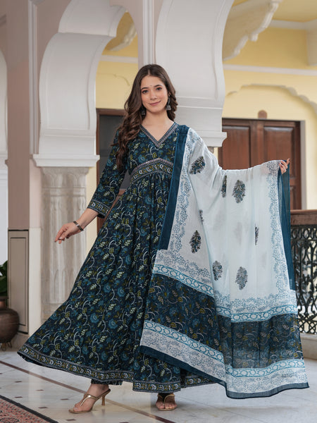 Navy Blue Cotton Printed V-Neck 3/4 Sleeves Calf Length Flared Kurta Pant & Dupatta Set For Women Mizaz Jaipur