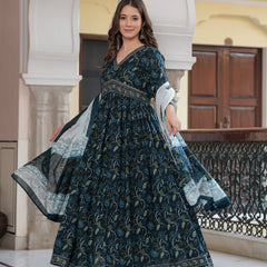 Navy Blue Cotton Printed V-Neck 3/4 Sleeves Calf Length Flared Kurta Pant & Dupatta Set For Women Mizaz Jaipur