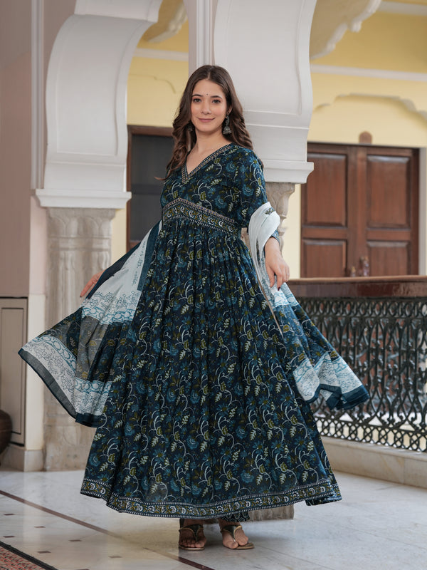 Navy Blue Cotton Printed V-Neck 3/4 Sleeves Calf Length Flared Kurta Pant & Dupatta Set For Women Mizaz Jaipur